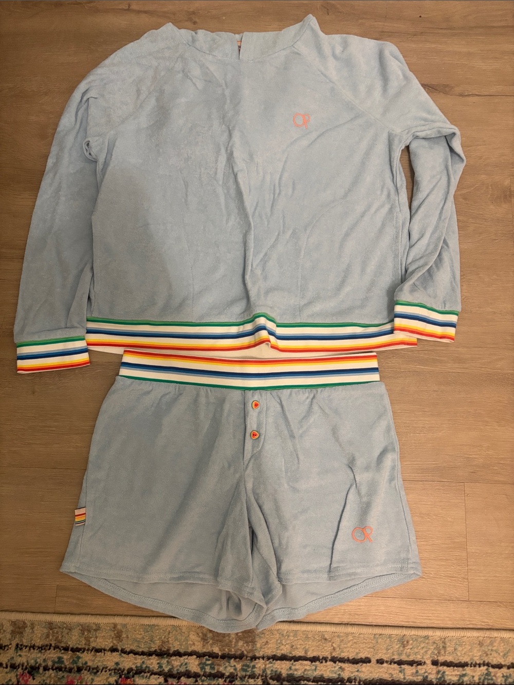 OP Light Blue Terry Lounge Set with Rainbow Stripe Trim